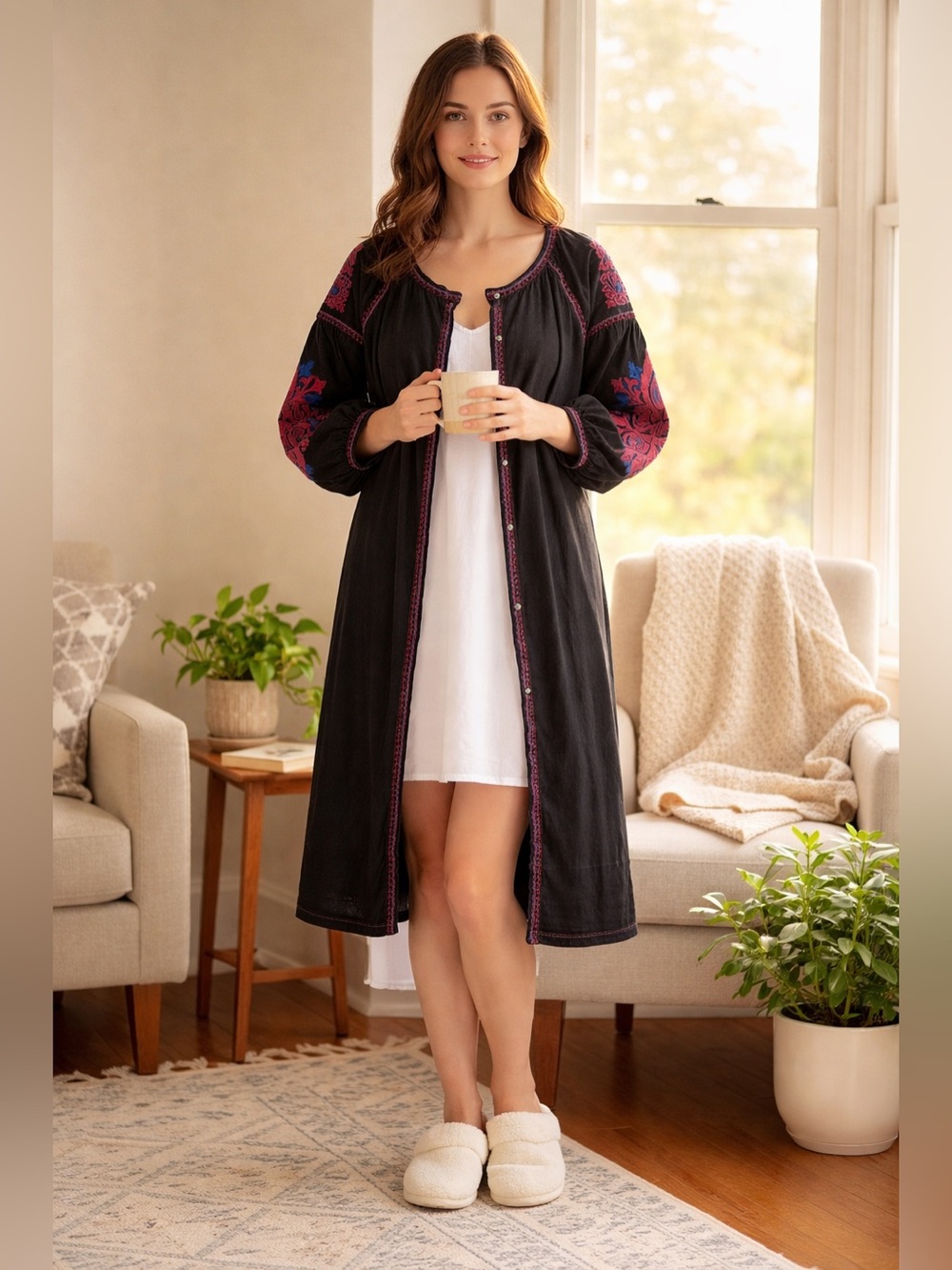 Velzera Black Embroidered Open Front Robe/Dress